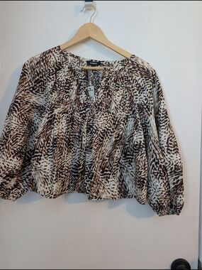 Express Brown and Cream Animal-Print Peasant Top